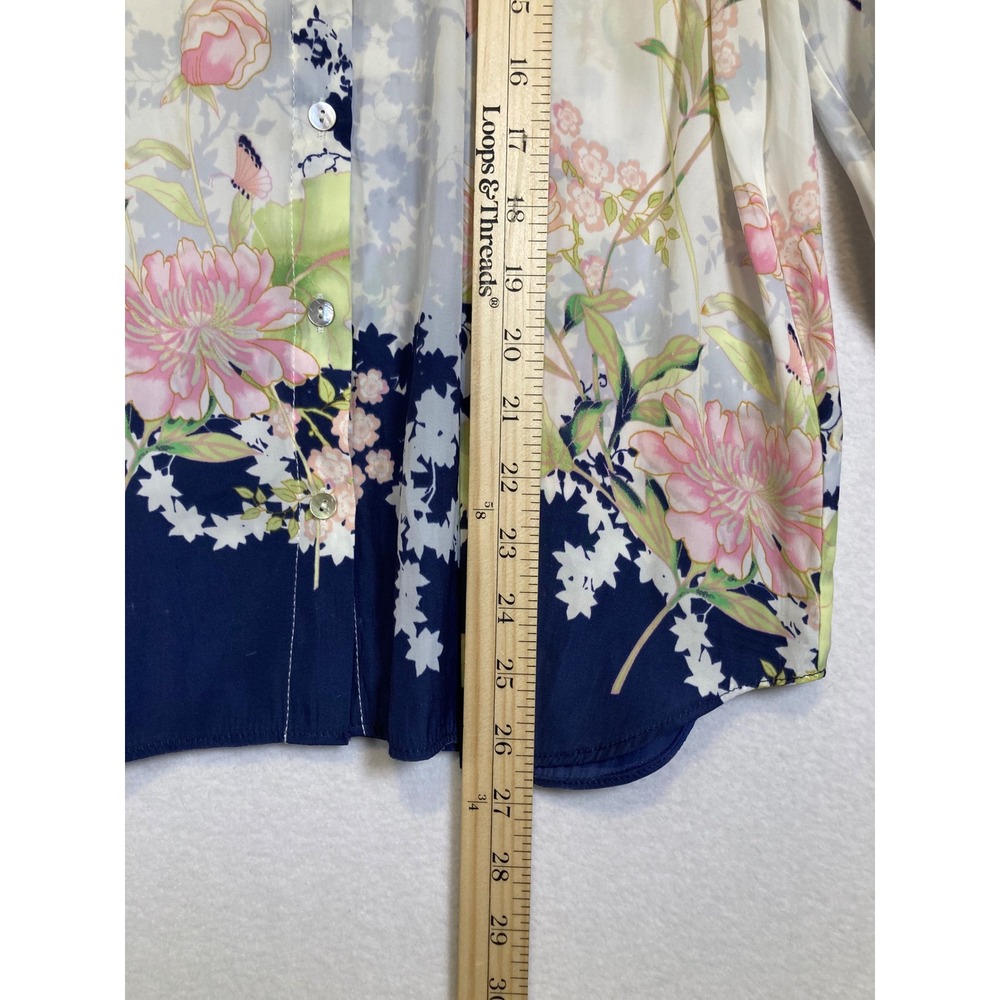 Whimsical Chic Floral Butterfly Blouse Women Medium Ivory Navy Blue Long Sleeve - Picture 7 of 9